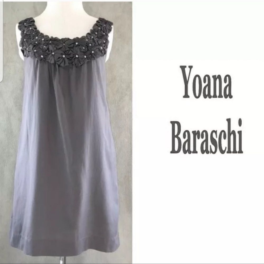 Giana Baraschi Anthropologie Gray Sleeveless Flower Silk Cotton Shift Dress Sz M